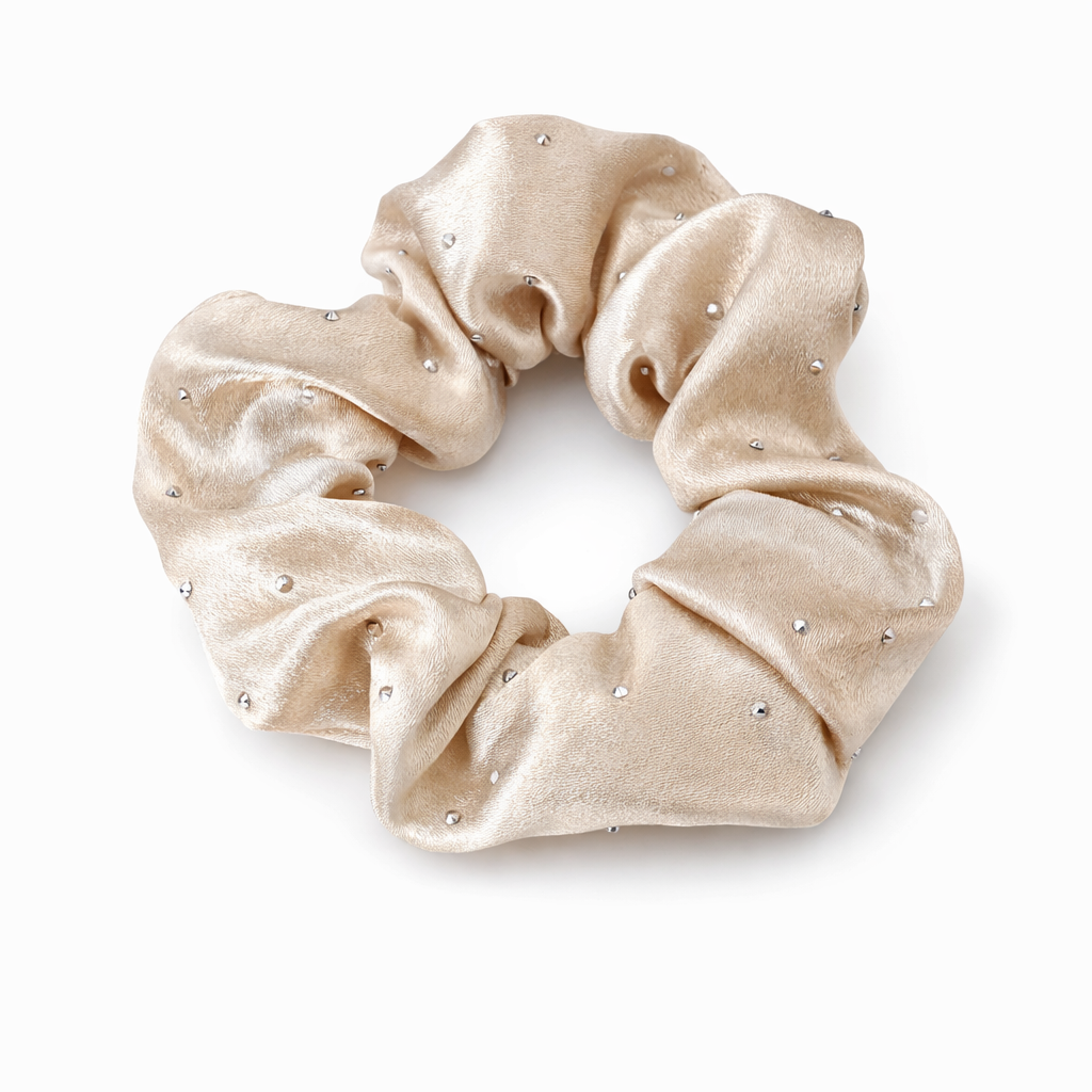 Satin Rhinestone Scrunchie in Soft Biscuit