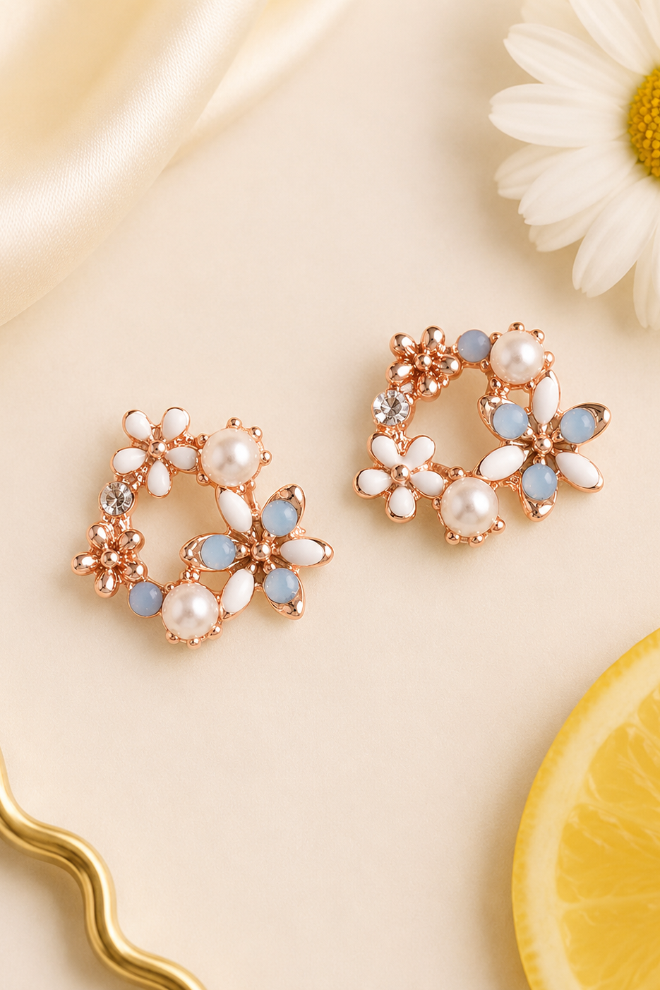 A pair of rose gold floral stud earrings with white faux pearls, light blue rhinestones, and clear crystals, styled on a cream background with a daisy flower, a lemon slice, and a gold wavy ribbon.