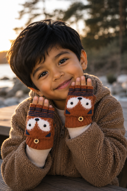 Child wearing fox-themed mittens outdoors with a blurred background