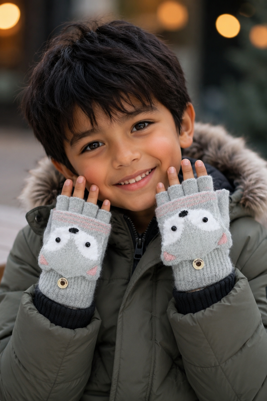 Child wearing gray gloves with animal designs, standing outdoors.