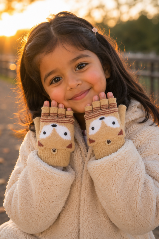 Child wearing owl-themed mittens with a warm, blurred background
