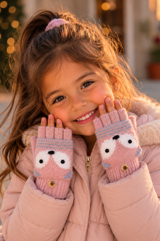 Child wearing pink owl-themed mittens with a festive background