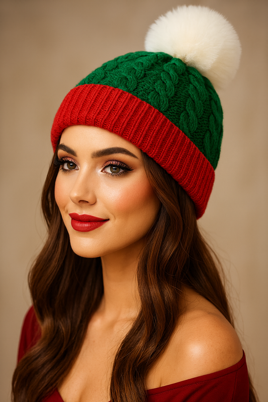 Adults Unisex Christmas Santa PomPom Beanie Hat in Green Red