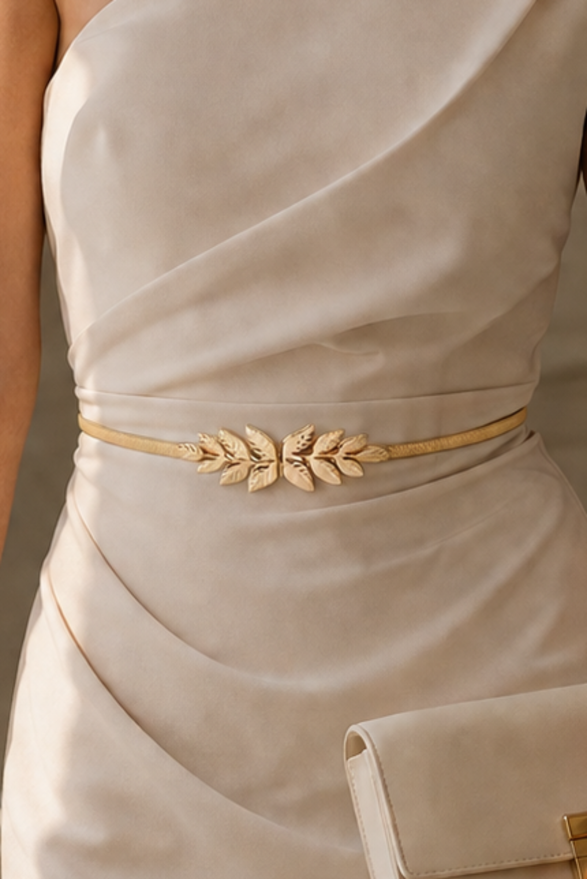 Woman in a beige one-shoulder dress with a gold belt standing by a window.