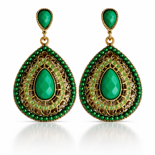 Pair of green teardrop earrings with gold and green detailing on a white background