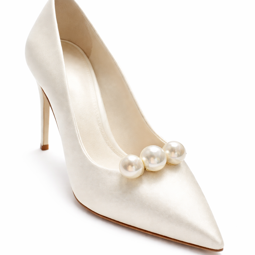 White high-heeled shoe with pearl embellishments on a white background