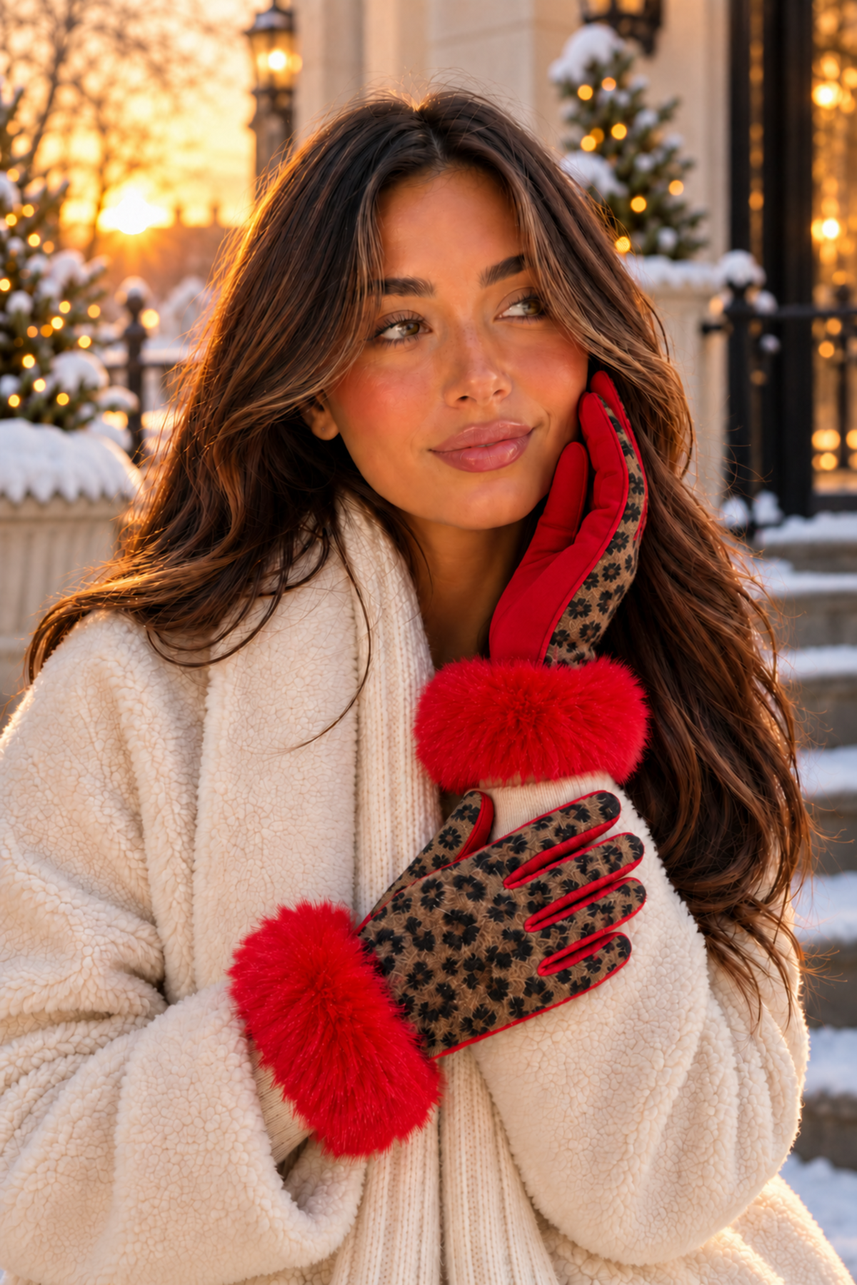 A woman outdoors in a snowy holiday setting wearing a cream coat and leopard-print gloves with bright red faux-fur trim.