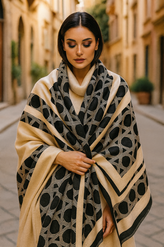 Woman wearing a patterned scarf in an urban setting