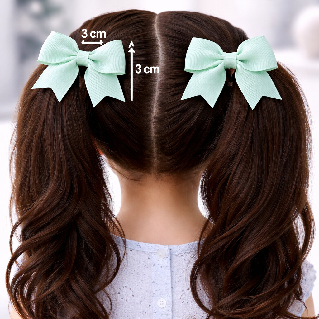 Back view of a person with pigtails wearing light blue hair bows, with measurements indicated.
