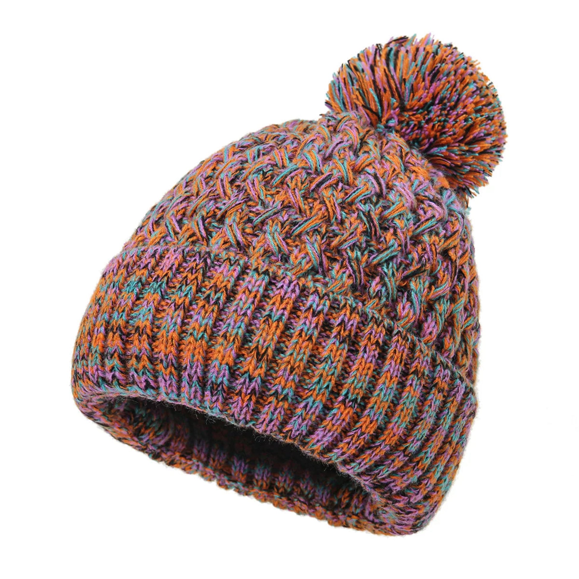 Multicolored knit beanie with a pom-pom on a white background