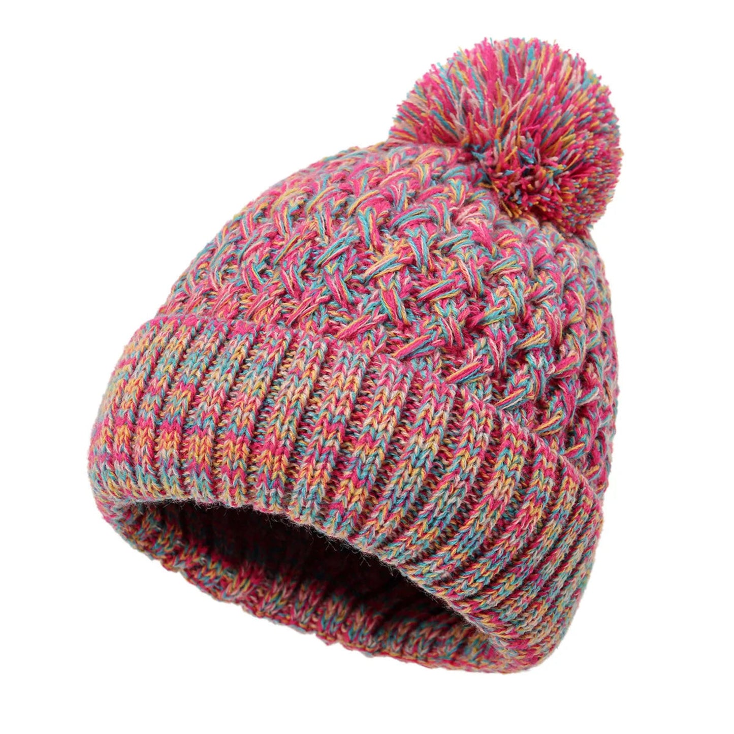 Multicolored knit beanie with a pom-pom on a white background