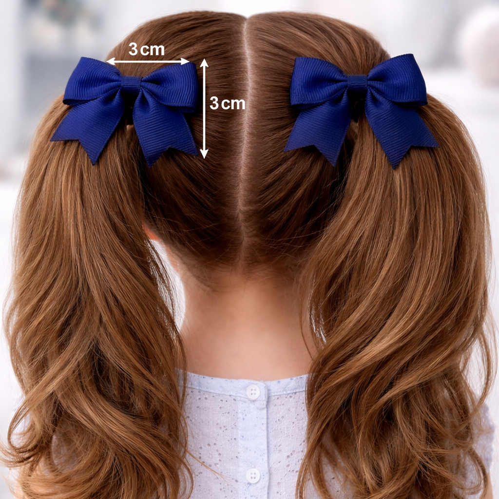 Person with wavy brown hair styled in pigtails with blue bows, showing measurement of 3cm.