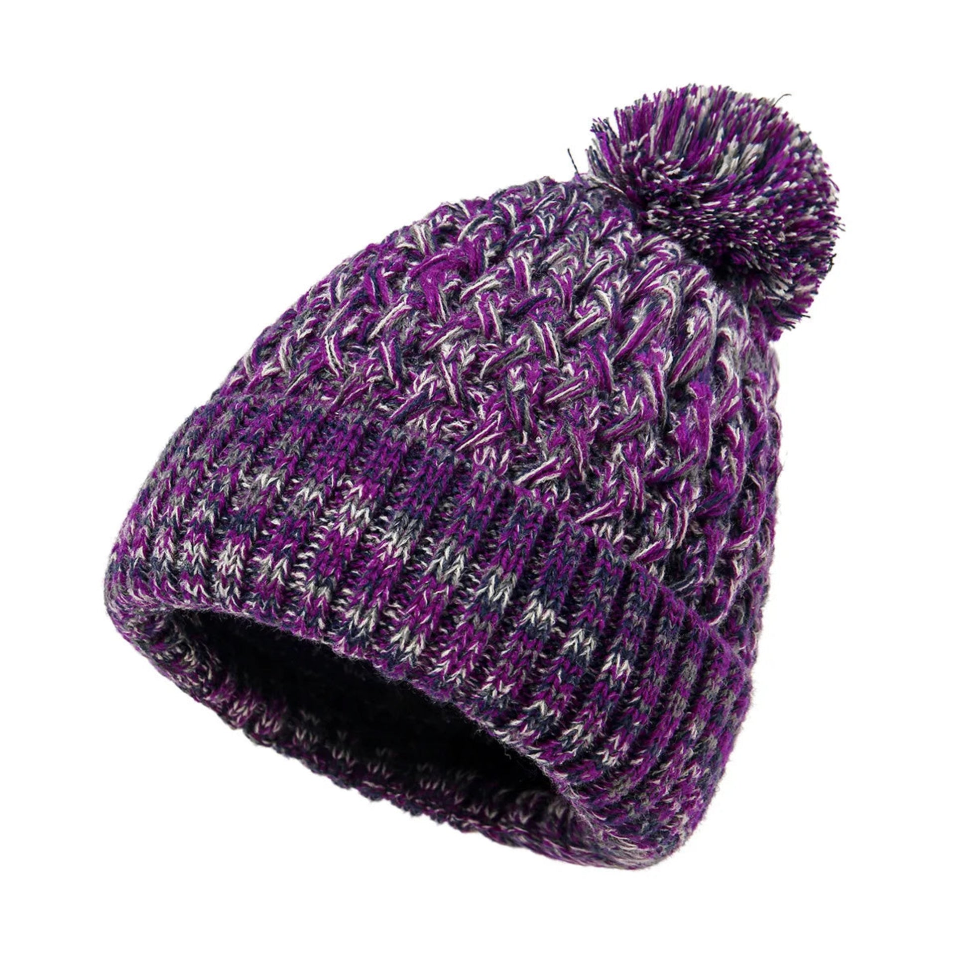 Purple knitted beanie with a pom-pom on a white background