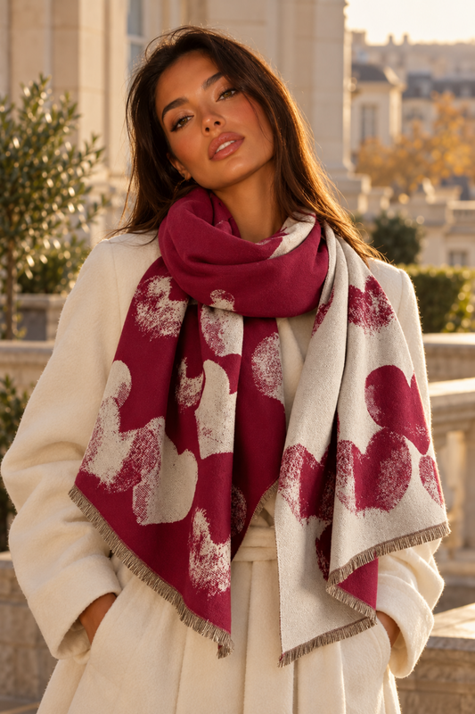 A woman wearing a cream-colored coat and a burgundy and cream patterned scarf with fringed edges, standing outdoors in front of a classical building.