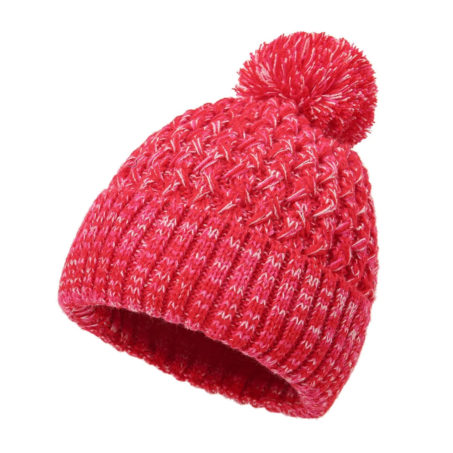 Red knitted beanie with a pom-pom on a white background