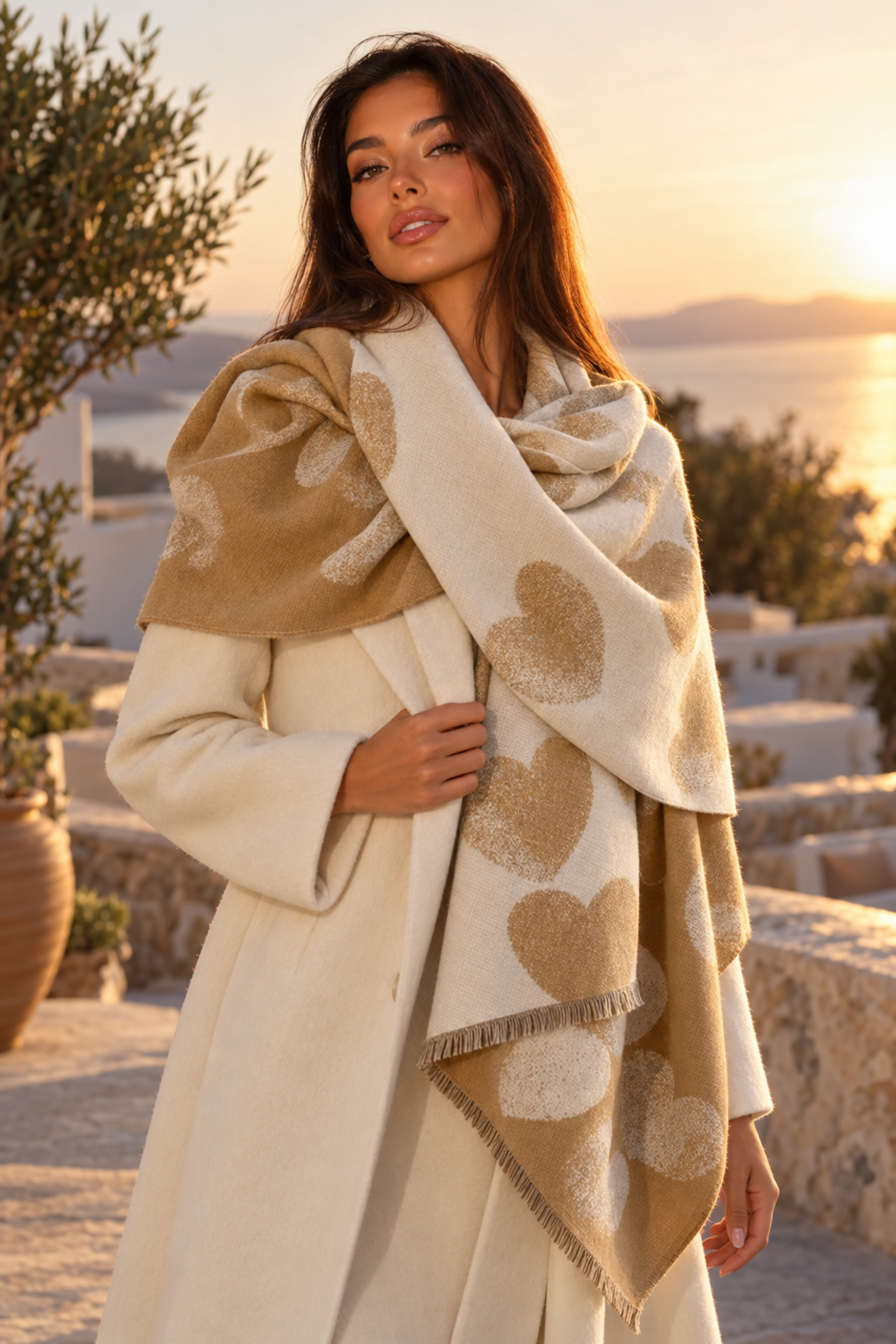 A woman wearing a cream and beige woolen wrap with a heart pattern, styled over a cream coat, set against a scenic Mediterranean background at sunset.