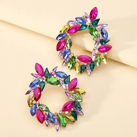 Bohemian Colorful Crystal Metal Hollow Big Dangle Earrings For Women Trend Luxury Particular Classic Party Jewelry Accessories