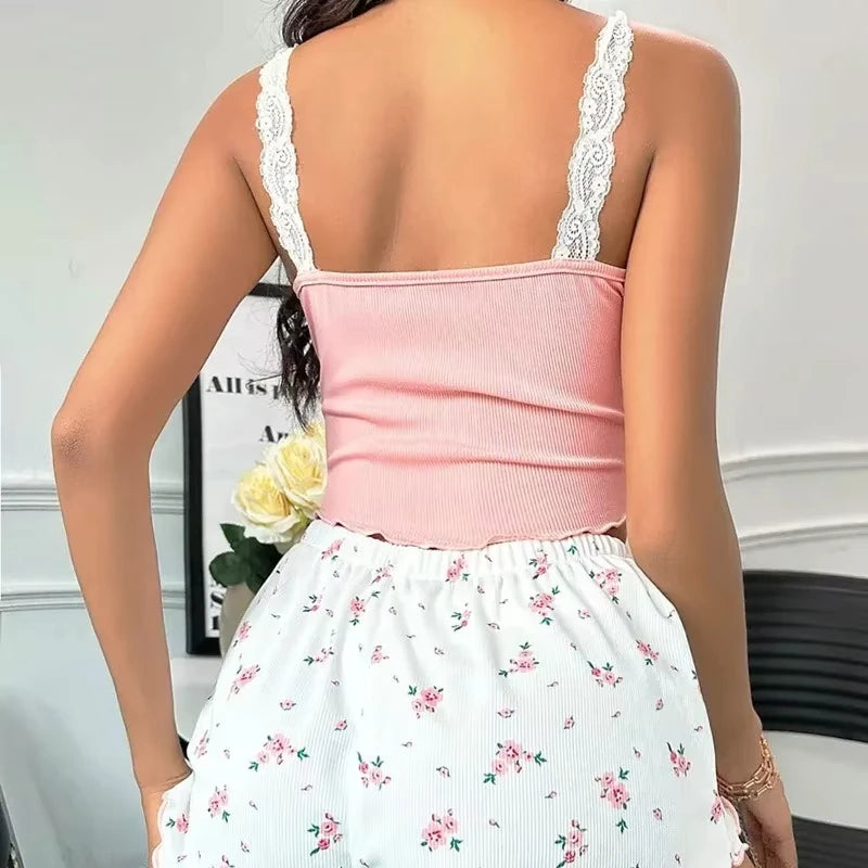 Blush & Bloom Pyjama Set – Lace Trim Cami Top & Floral Ruffle Shorts