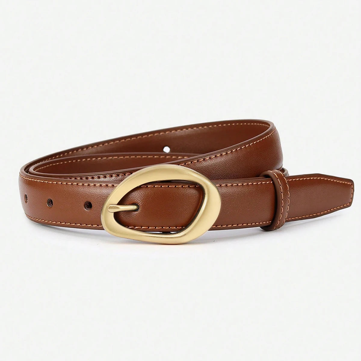 Brown leather belt with a gold buckle on a white background