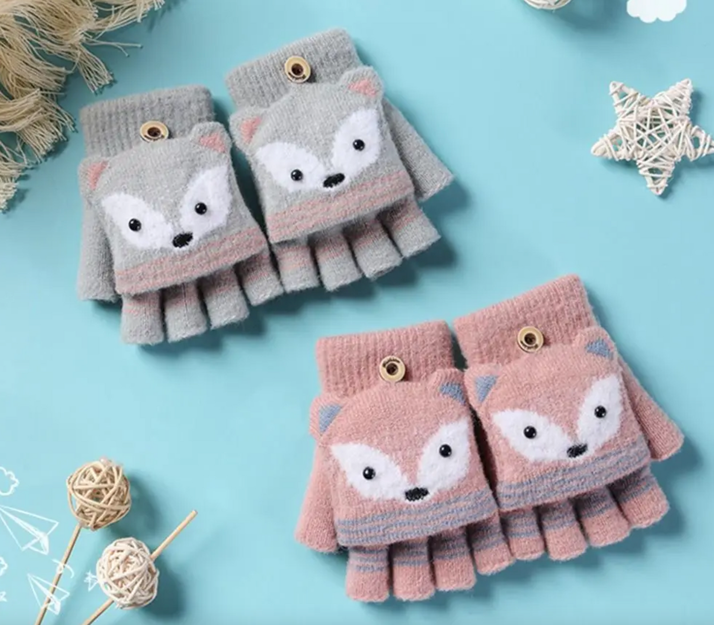 Autumn Winter Children Knitted Gloves Flip Fingerless Gloves Cute Cartoon Fox Warm Half-Finger Gloves