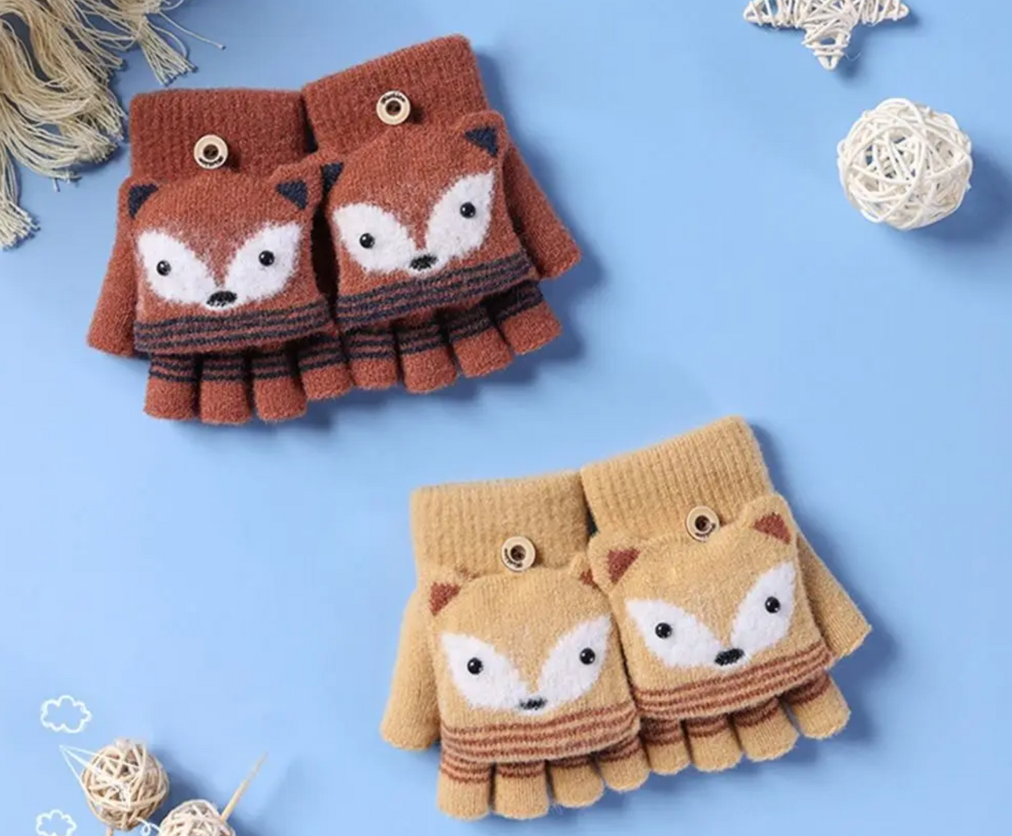 Autumn Winter Children Knitted Gloves Flip Fingerless Gloves Cute Cartoon Fox Warm Half-Finger Gloves