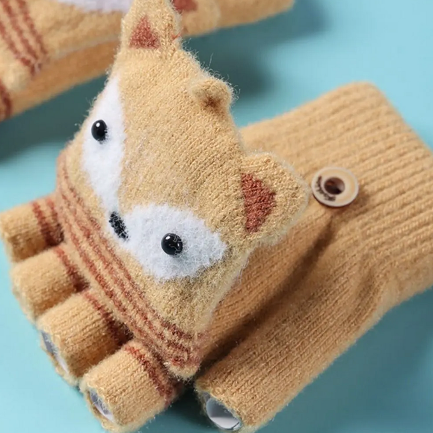 Autumn Winter Children Knitted Gloves Flip Fingerless Gloves Cute Cartoon Fox Warm Half-Finger Gloves