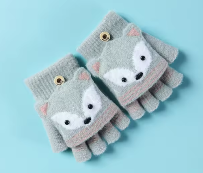 Autumn Winter Children Knitted Gloves Flip Fingerless Gloves Cute Cartoon Fox Warm Half-Finger Gloves