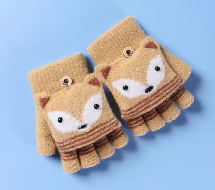 Autumn Winter Children Knitted Gloves Flip Fingerless Gloves Cute Cartoon Fox Warm Half-Finger Gloves