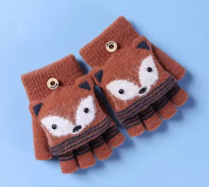 Autumn Winter Children Knitted Gloves Flip Fingerless Gloves Cute Cartoon Fox Warm Half-Finger Gloves