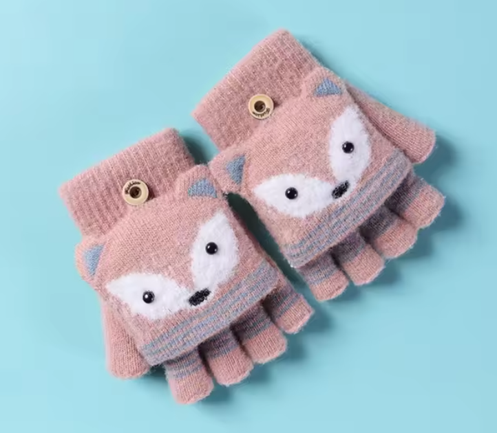 Autumn Winter Children Knitted Gloves Flip Fingerless Gloves Cute Cartoon Fox Warm Half-Finger Gloves