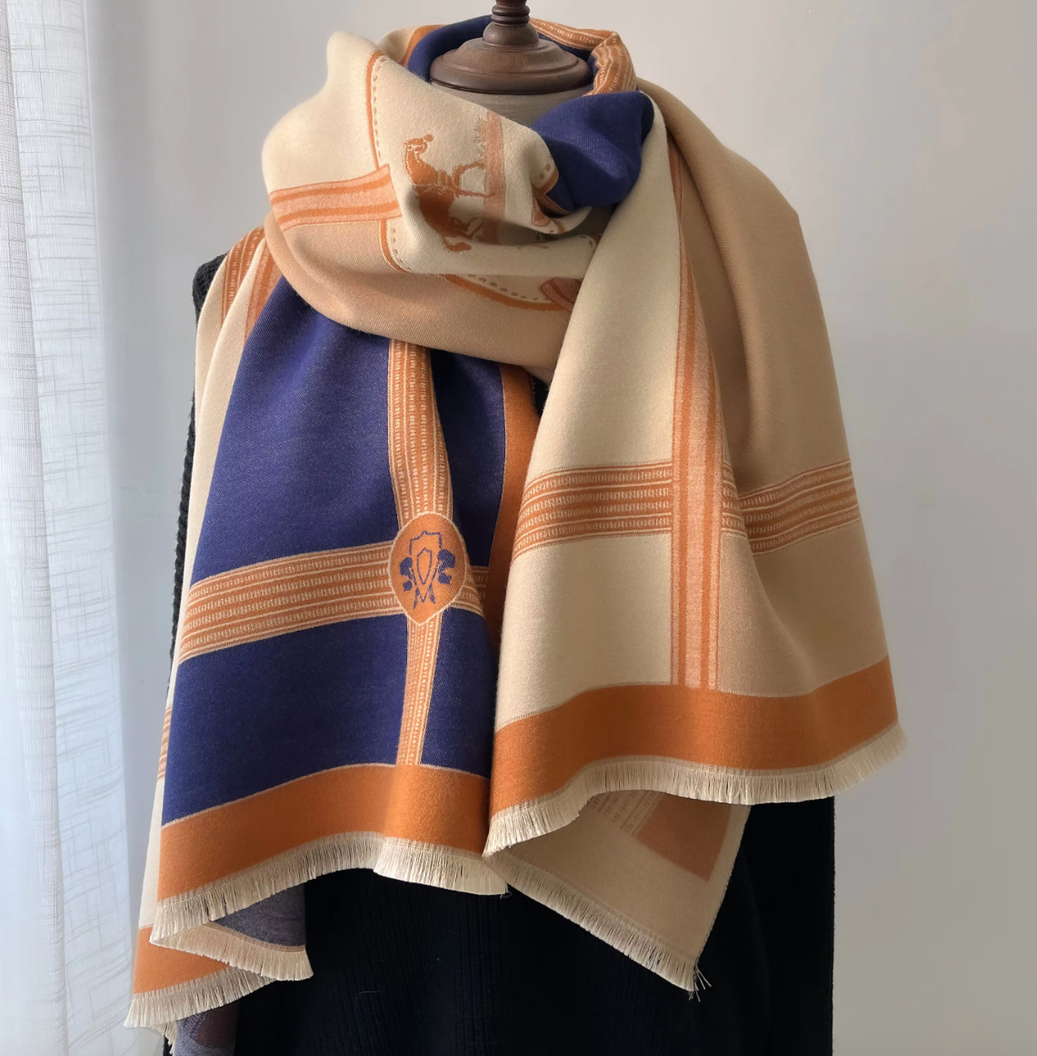 Horse Print Wrap Scarf Shawl in Navy