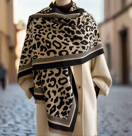 Leopard Print Wrap Scarf Shawl in Black