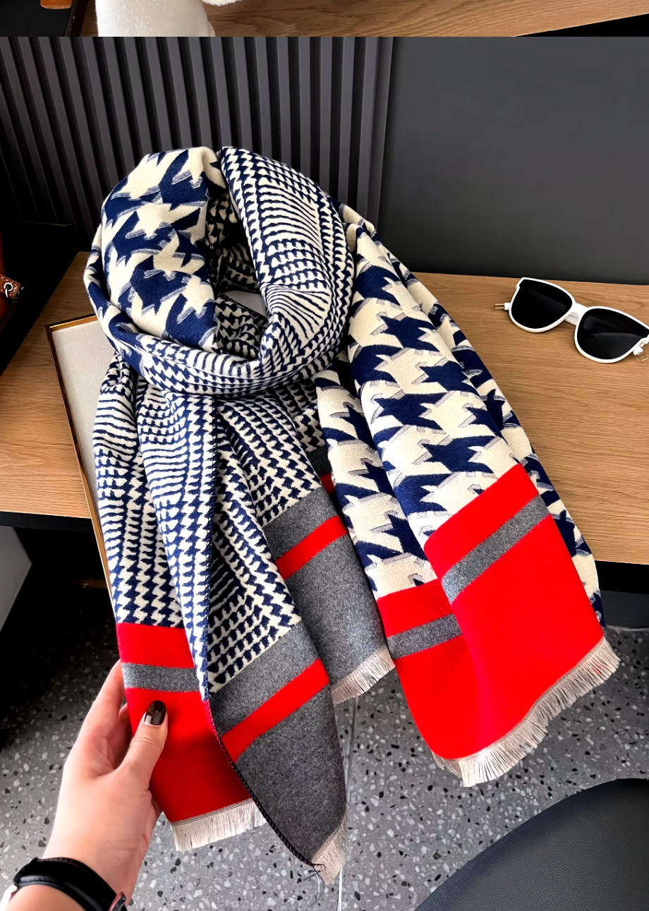 Houndstooth Print Wrap Scarf Shawl in Navy