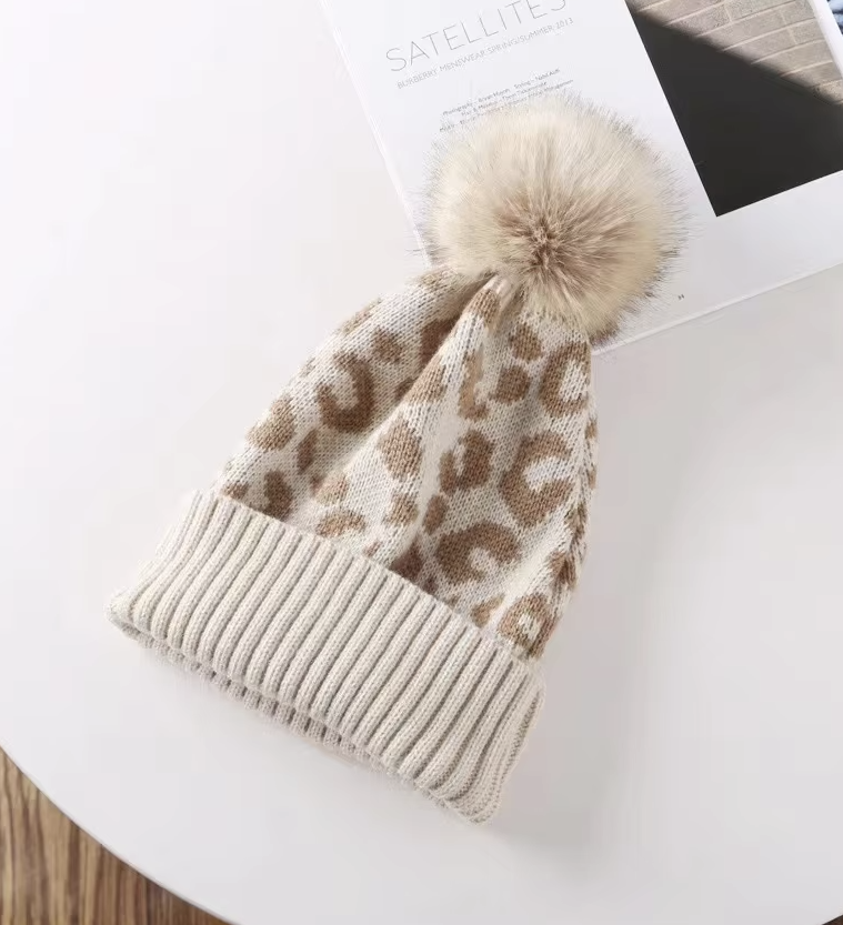 Leopard Knit Pom Pom Hat in Beige