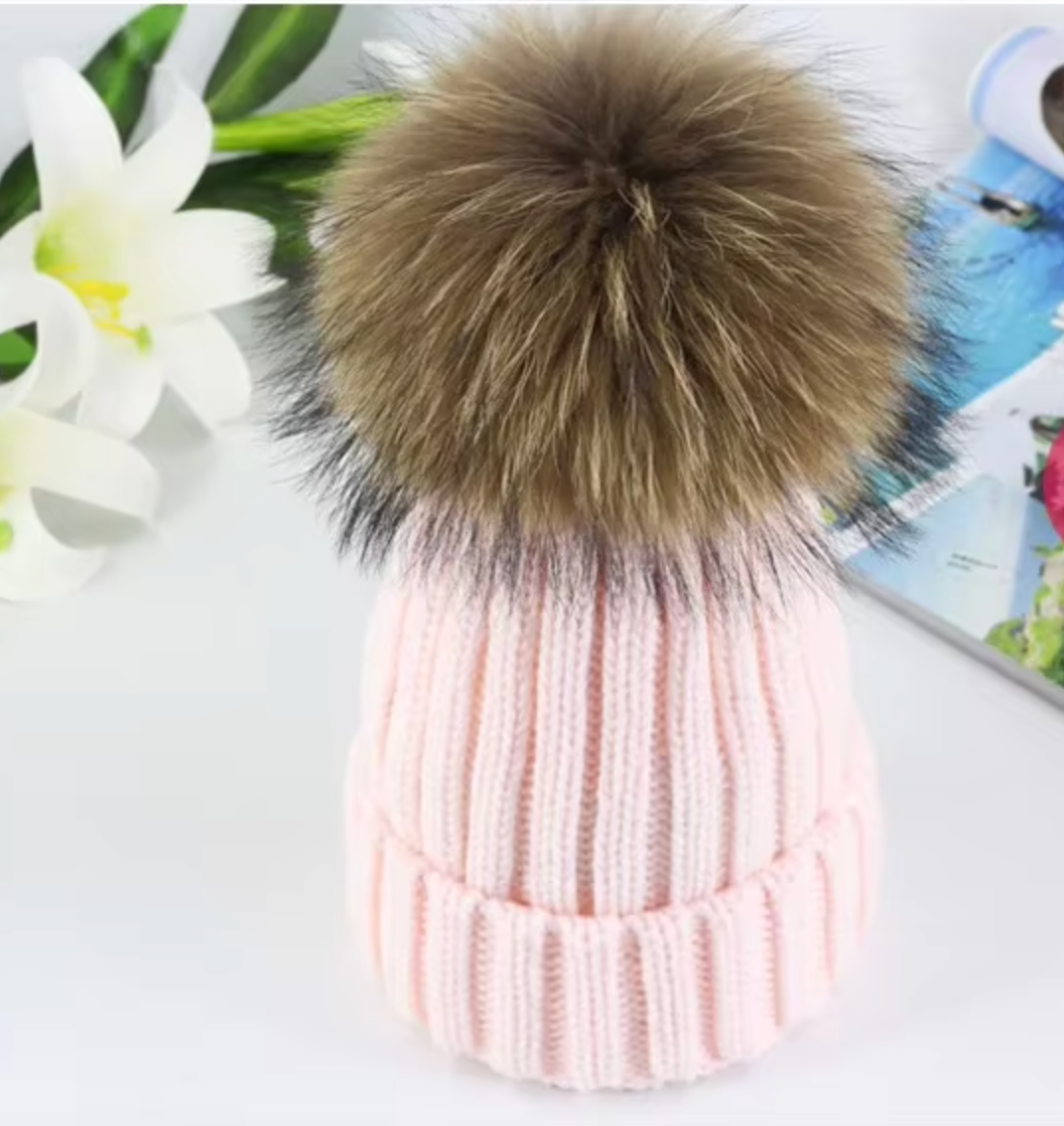 Fluffy Cable Knit Pom Pom Hat in Baby Pink