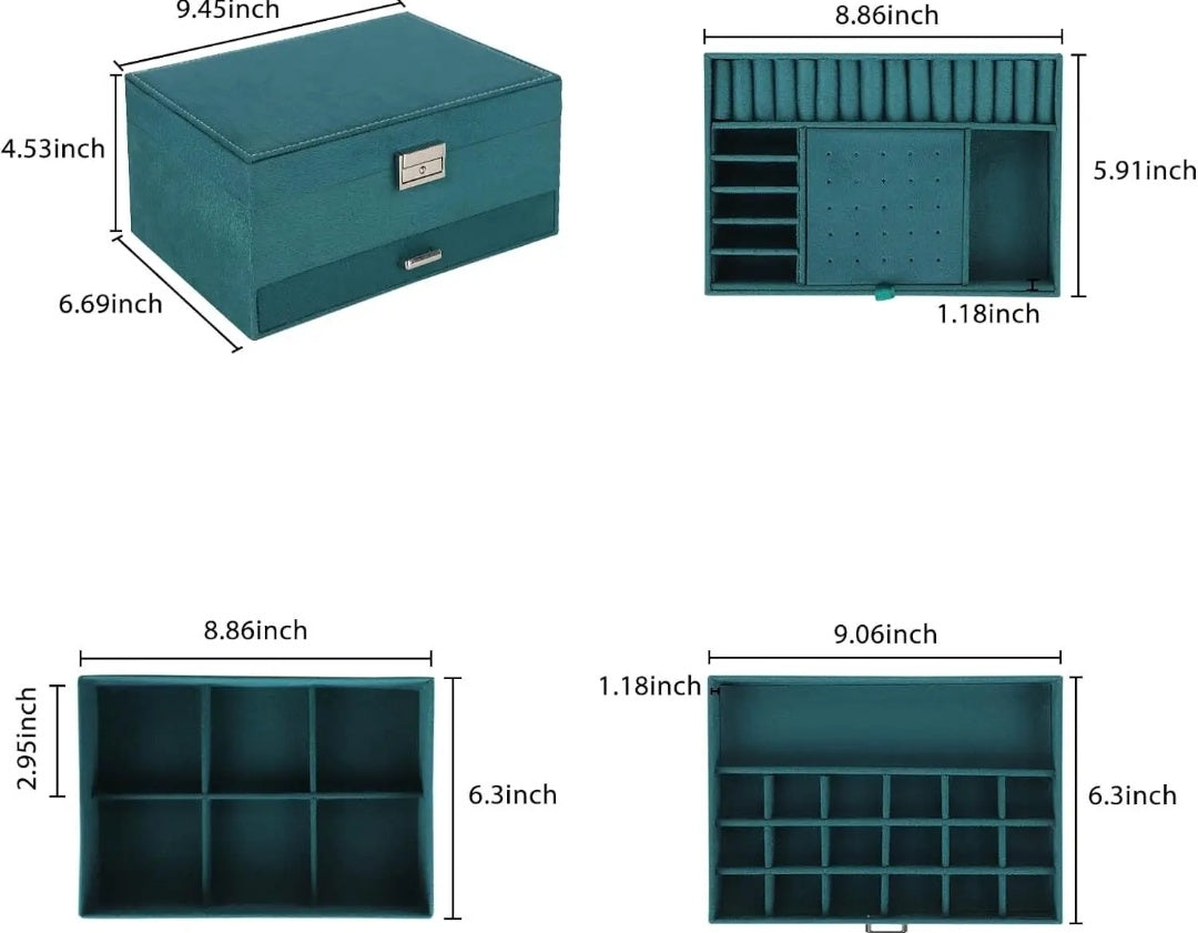 Emerald Green 3 Tier Lockable Jewellery Box