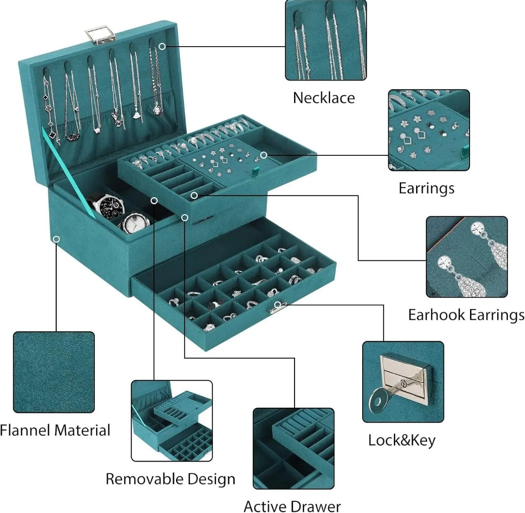 Emerald Green 3 Tier Lockable Jewellery Box