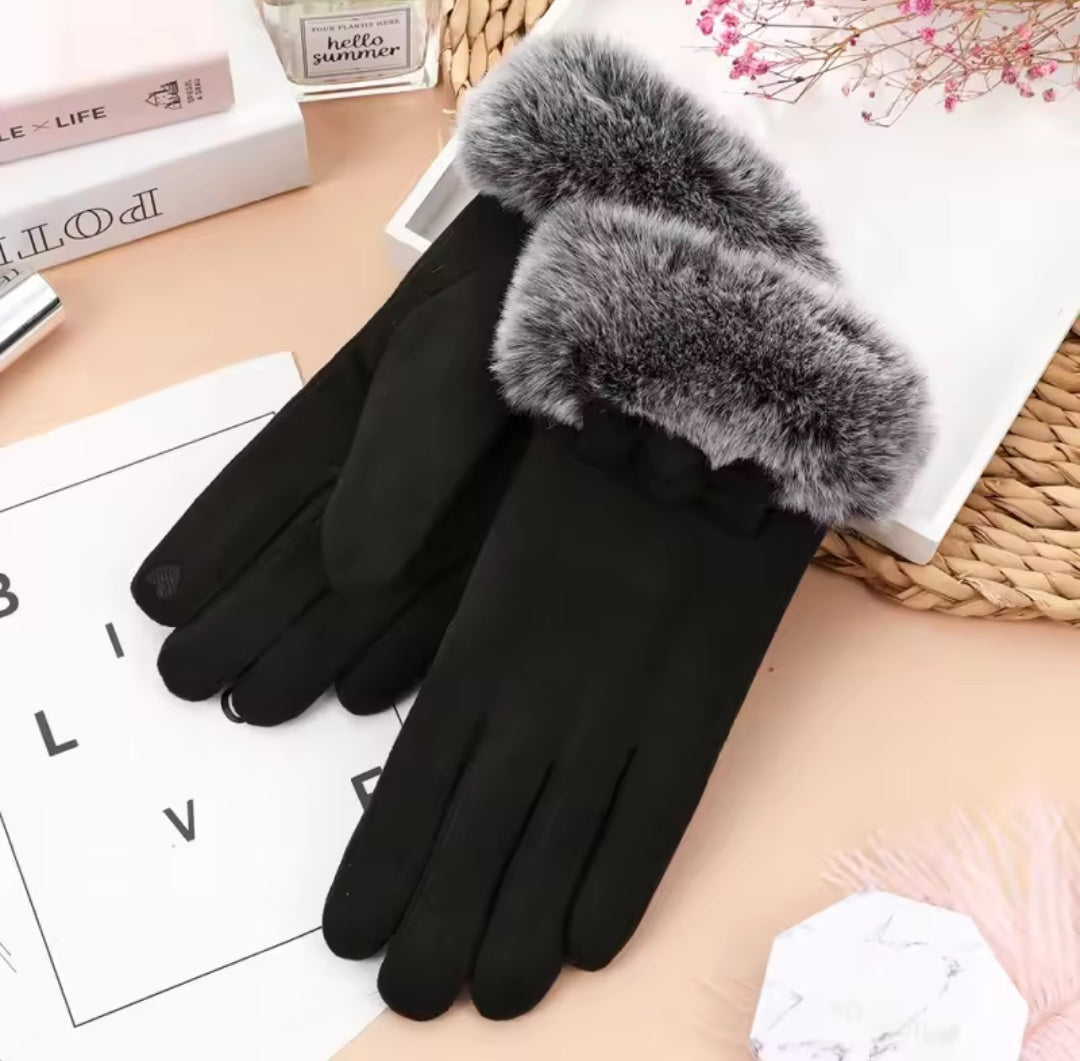 Genevieve Bow Women Gloves Autumn Winter Furry Warm Mitts