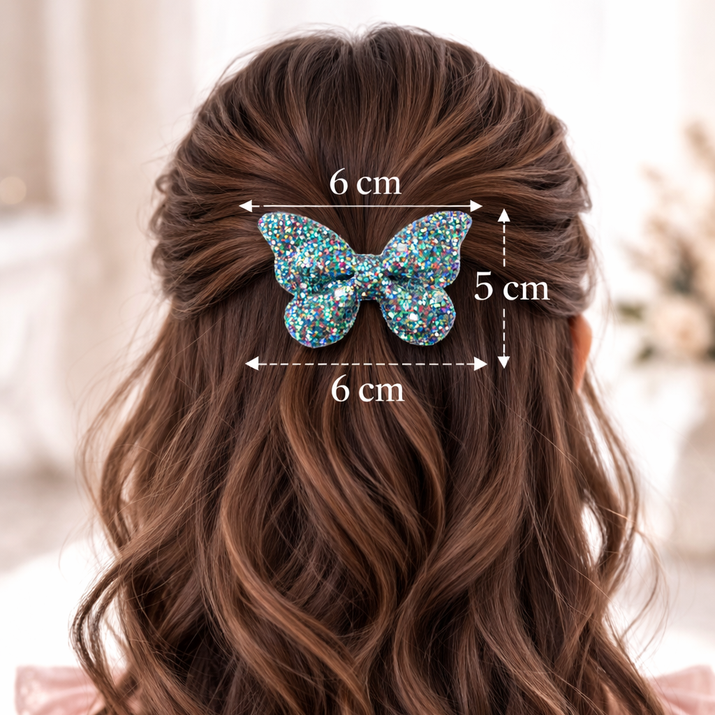 Hair bun with a butterfly hair accessory and measurements indicated