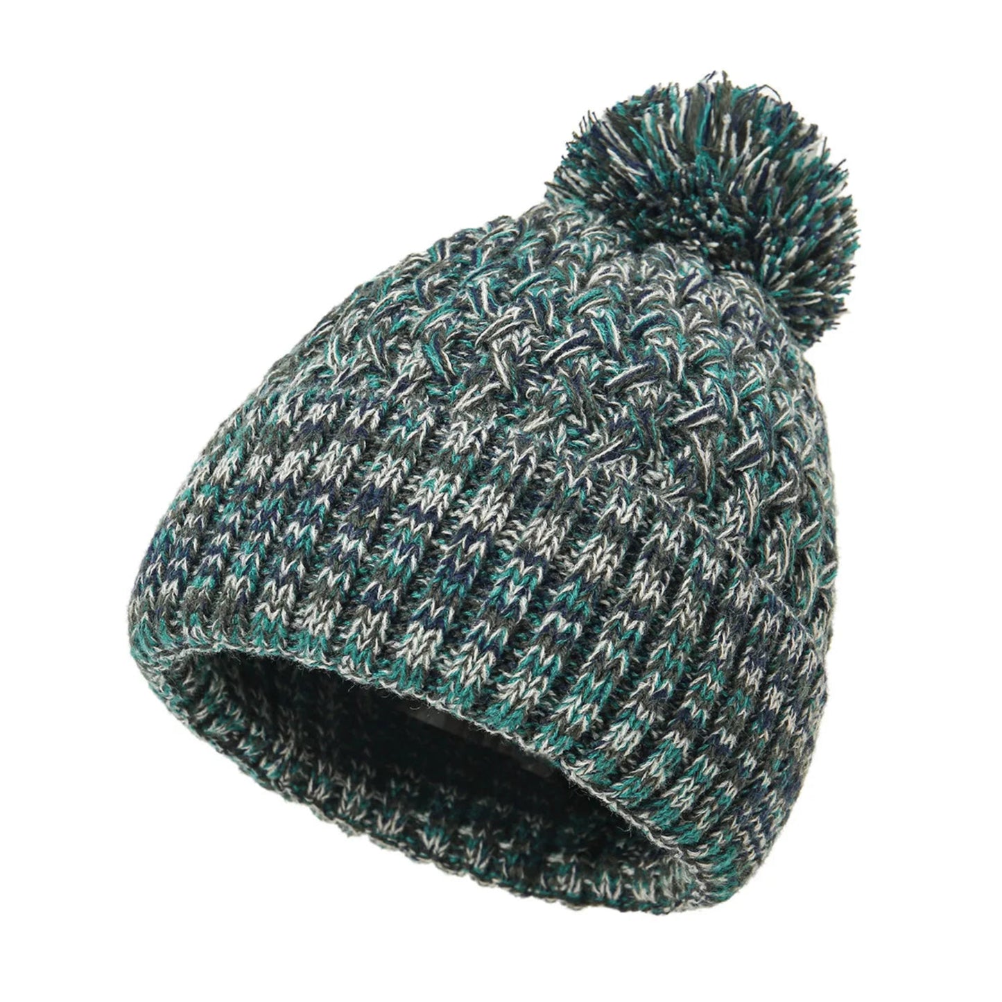 Textured knit beanie with pom-pom on a white background