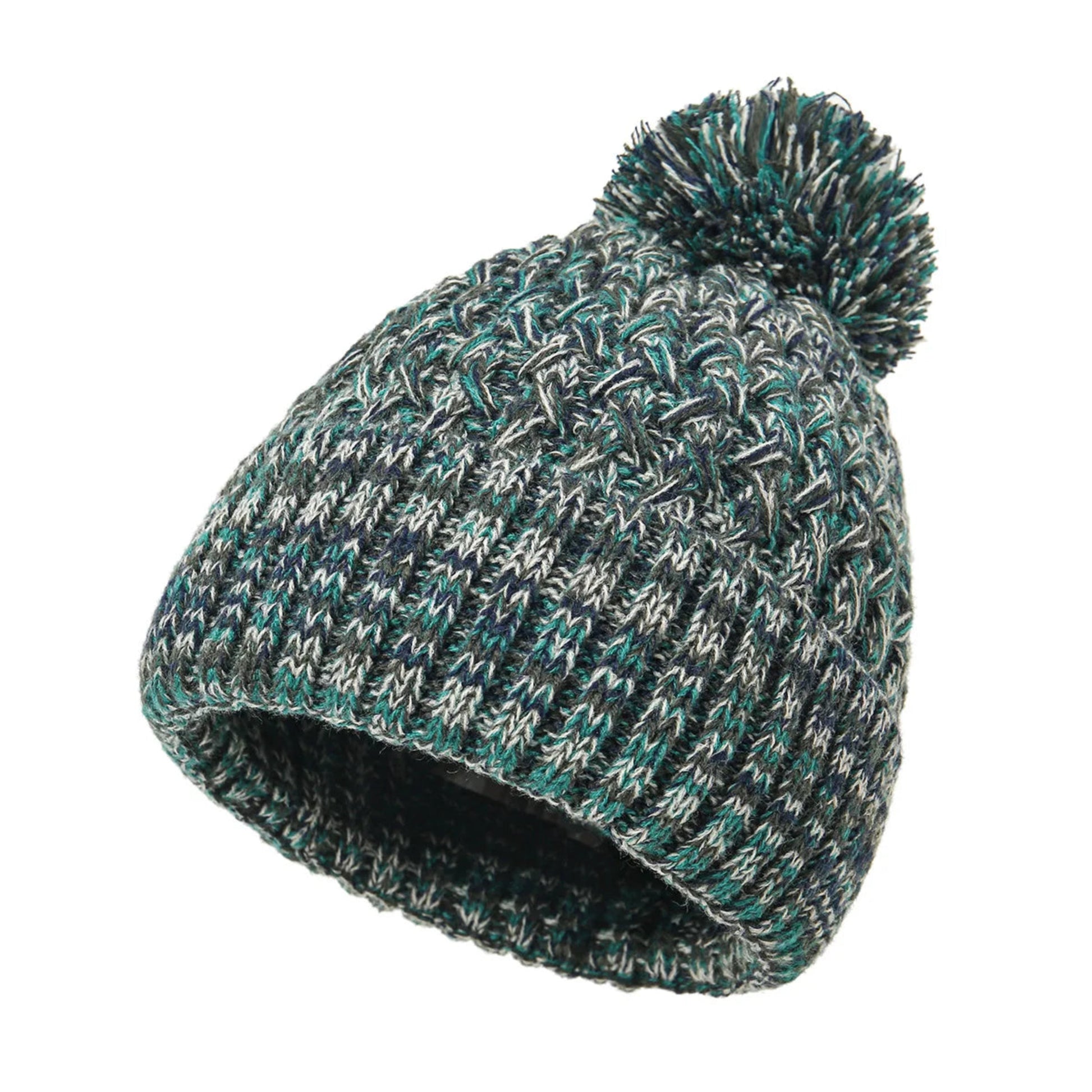 Textured knit beanie with pom-pom on a white background