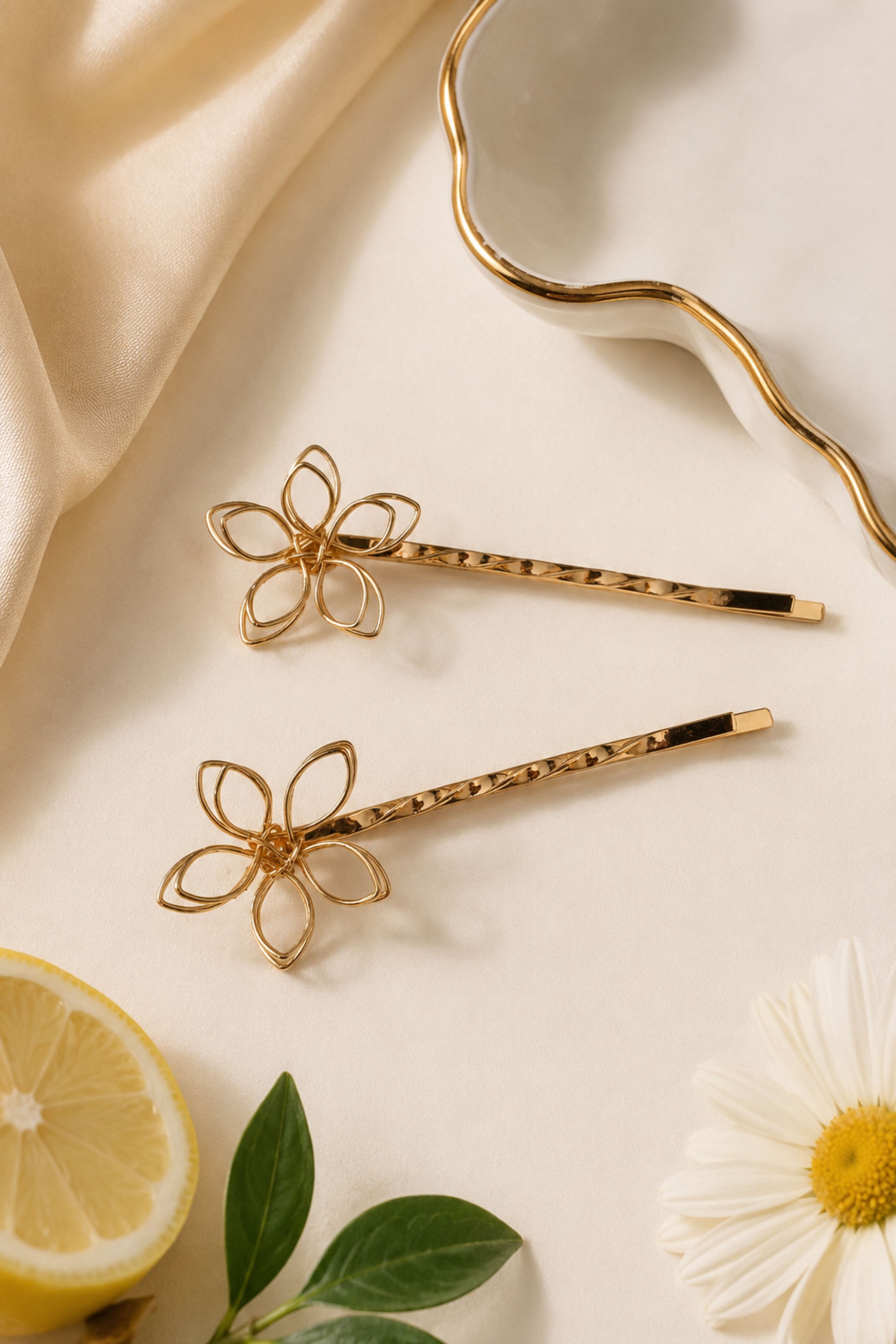Two gold-tone flower-shaped hair pins with textured stems, styled on a cream background with a wavy gold dish, a lemon slice, green leaves, and a daisy flower.
