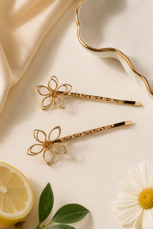 Two gold-tone flower-shaped hair pins with textured stems, styled on a cream background with a wavy gold dish, a lemon slice, green leaves, and a daisy flower.