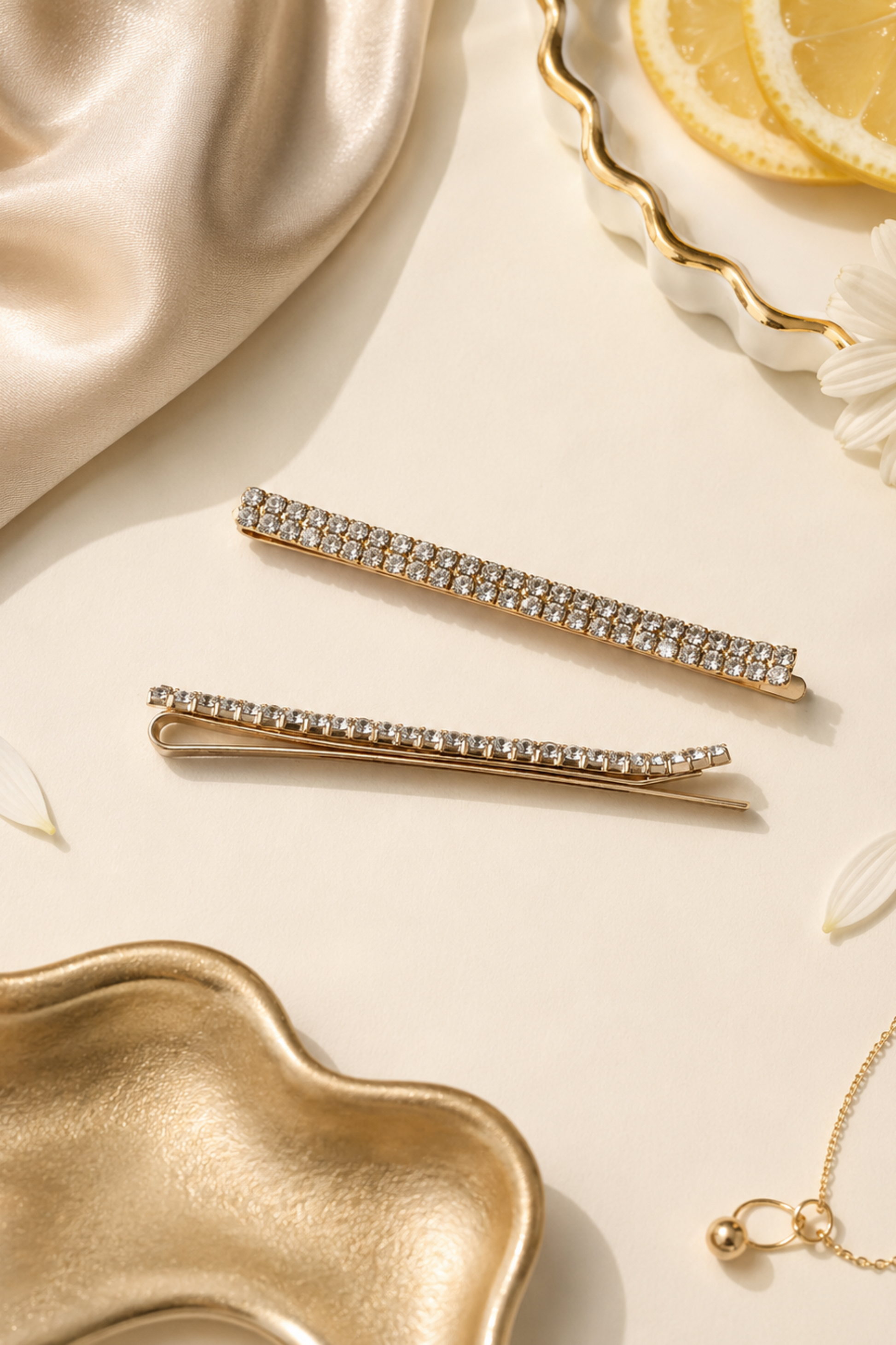 Two gold-tone hair claw clips embellished with clear crystals, arranged on a cream-colored surface with decorative props including a gold tray, satin fabric, a lemon slice, and a white flower.