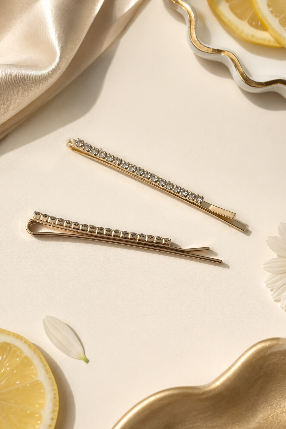 Two gold-tone hair claw clips embellished with clear rhinestones, arranged on a cream-colored surface with decorative props including a gold dish, lemon slices, and a white daisy.