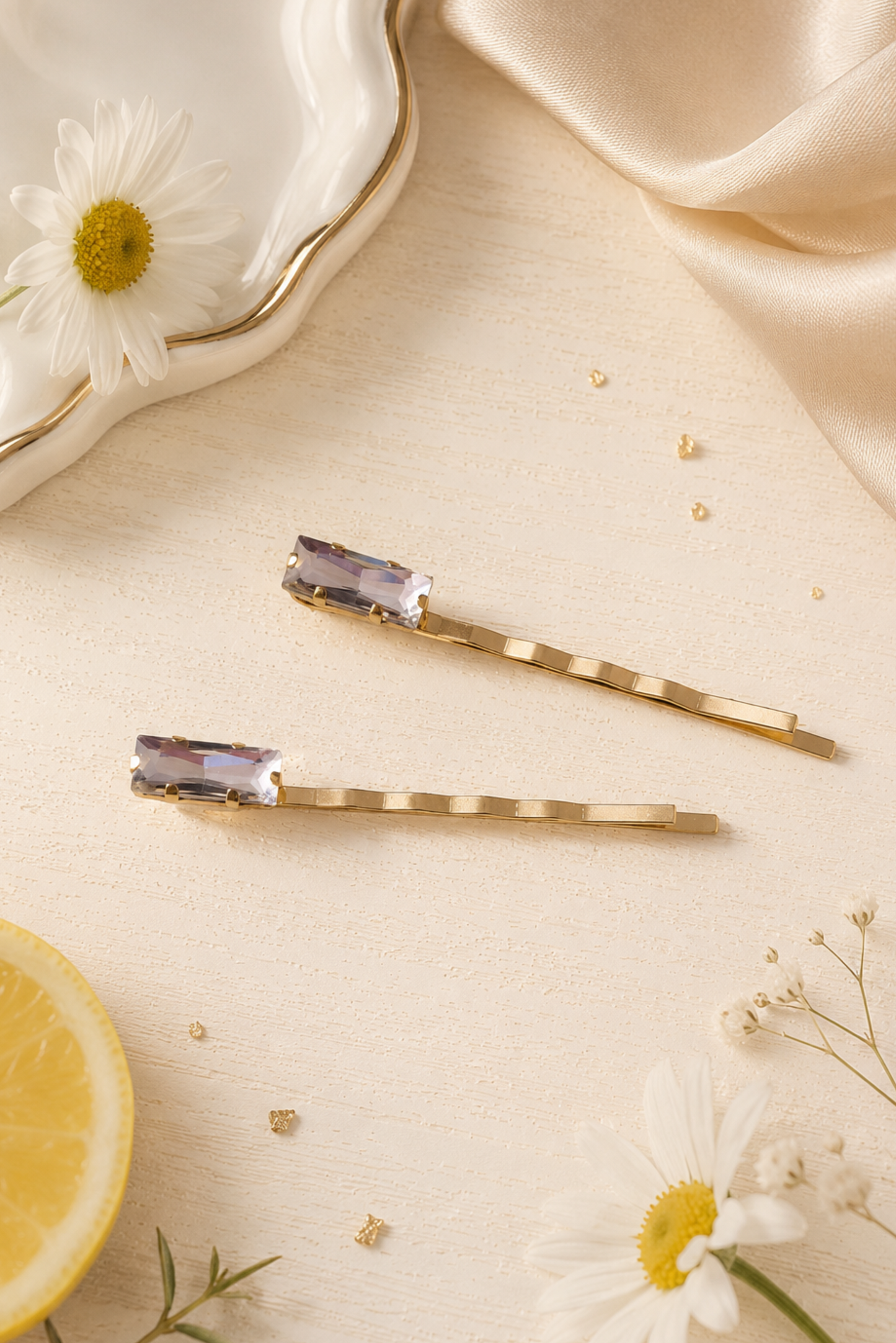 Two gold bobby pins with rectangular purple crystal accents, styled on a light beige surface with a lemon slice, daisies, and a white ceramic dish.