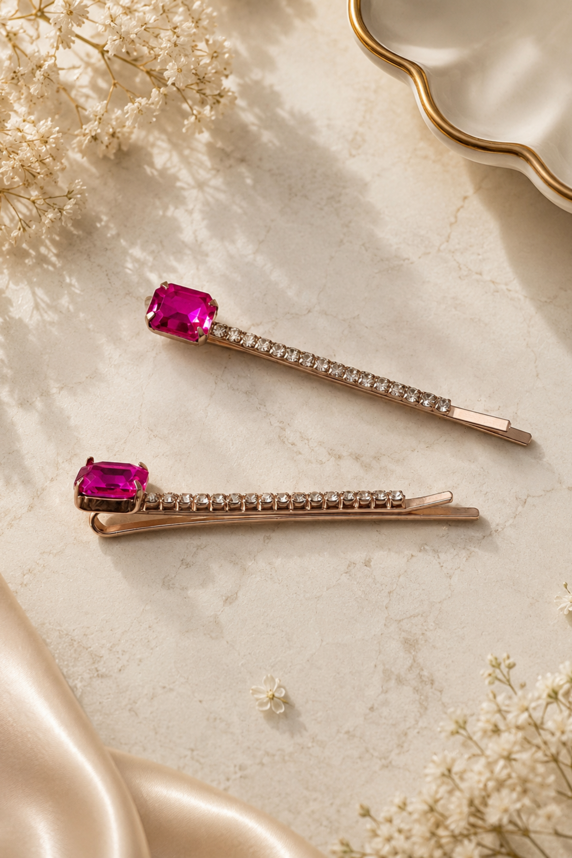 Two rose gold hair claw clips with rectangular pink gemstones and clear crystal accents, styled on a beige marble surface with dried flowers and satin fabric.