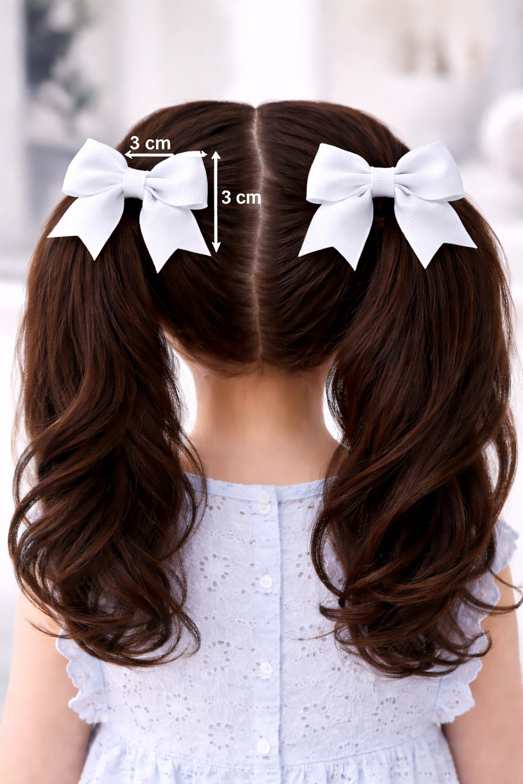 Long brown hair extensions with white bows and measurement labels on a blurred background