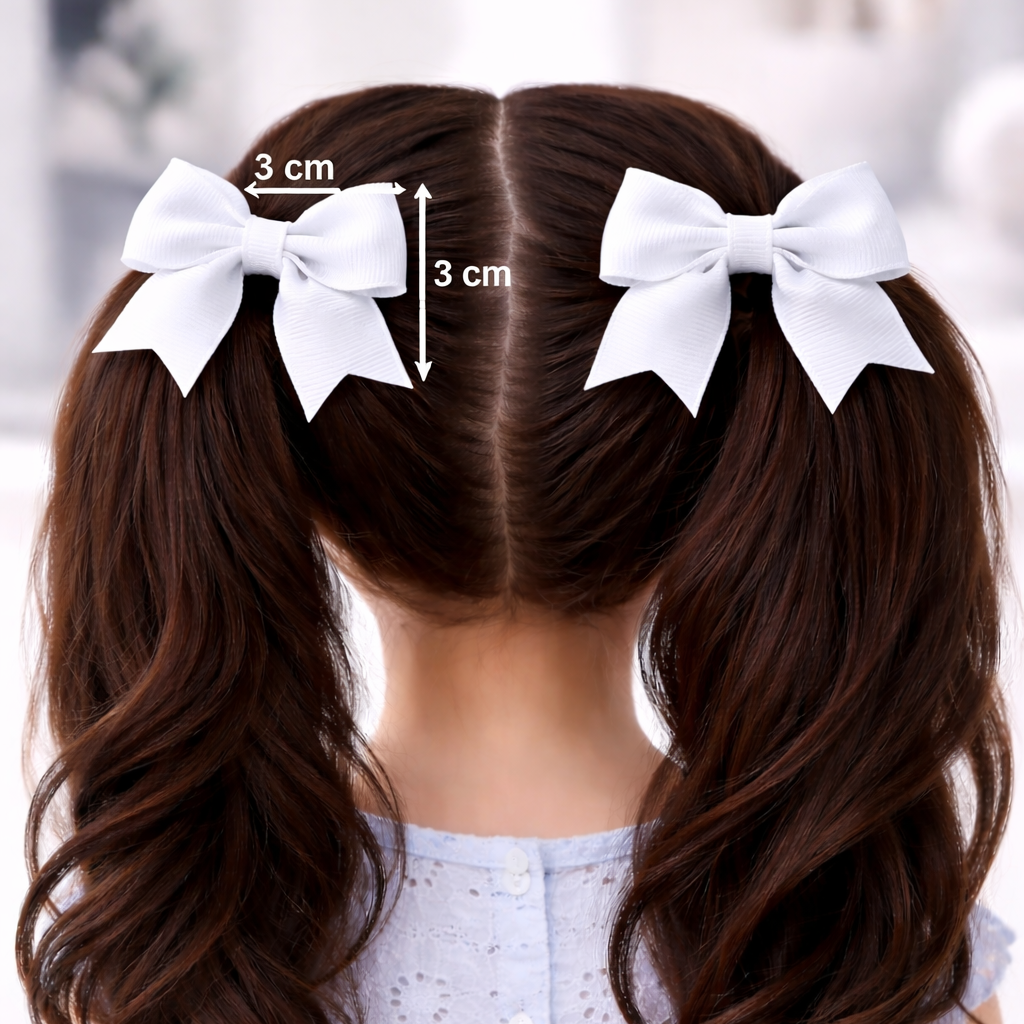 Long brown hair extensions with white bows and measurement labels on a blurred background