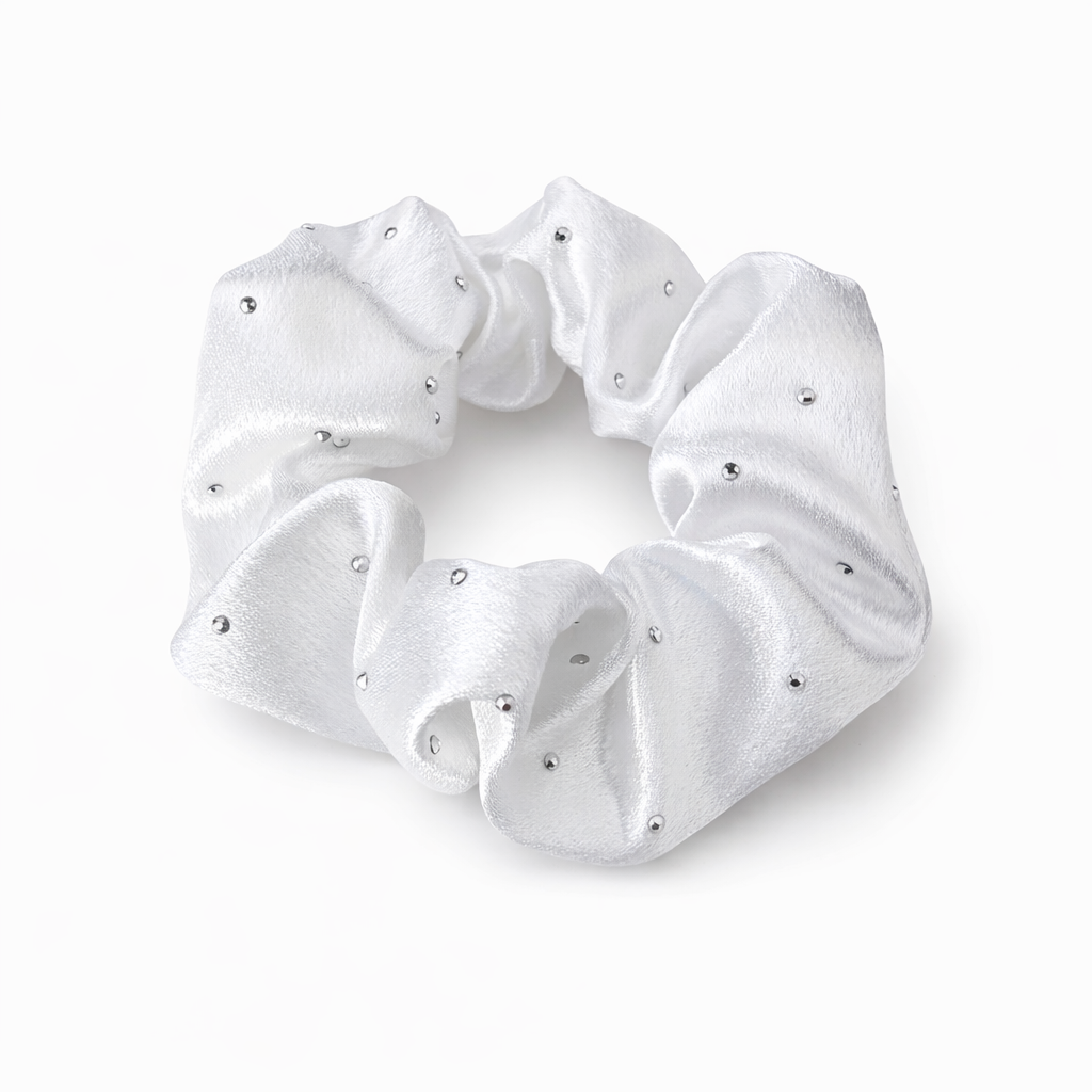 Satin Rhinestone Scrunchie in Snow Cream